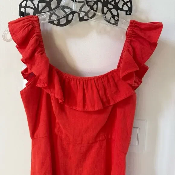 HONORINE Fluter Sleeve Cotton and Linen Blend Mini Dress in Orange Red M - Picture 6 of 10